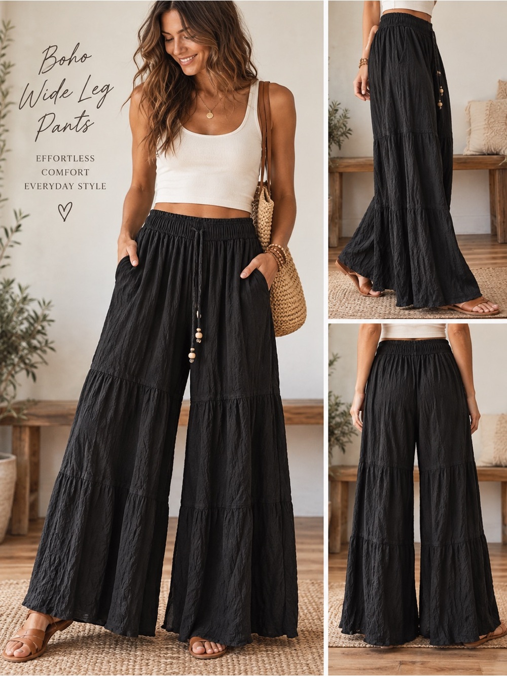 Young Threads Charcoal Boho Wide Leg Palazzo Pants Tiered NWT M